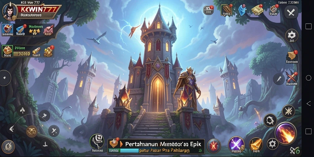 Tampilan gameplay KKWIN777 dengan menara pertahanan yang epik.