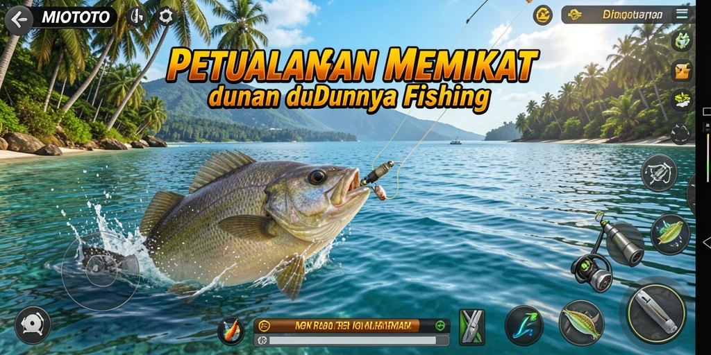 Screenshot gameplay MIOTOTO yang menunjukkan momen menangkap ikan di laut.